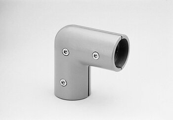 Gray 90-degree angle tube connector with three screws and open cylindrical ends on a white background