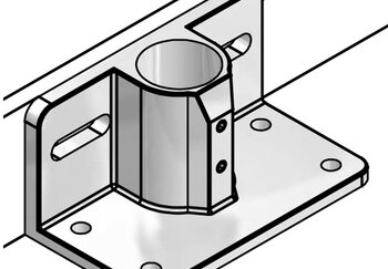 Single-shell floor bearing bracket mounted on base plate holding a vertical cylindrical tube with mounting slots and screw holes