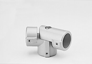 Hellgrauer T-Gelenkverbinder aus Metall mit drei zylindrischen Rohren und Schrauben
