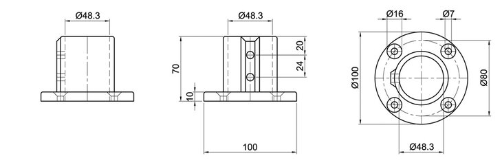 Technische Zeichnung eines einlagigen Bodenlagers mit Vorder-, Seiten- und Draufsicht und maßlichen Angaben