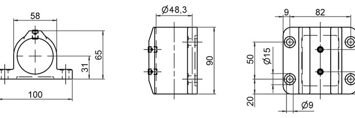 Technische Zeichnung eines einlagigen Wandlagers mit Abmessungen in Vorder-, Seiten- und Draufsicht