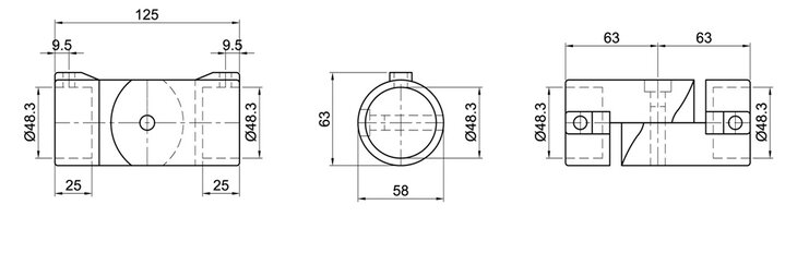 Technische CAD-Zeichnung eines 1-schaligen Winkel-Gelenkverbinders mit angegebenen Maßen und drei Ansichten