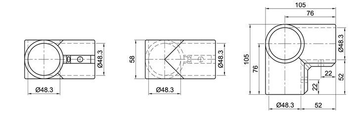 Technische Zeichnung eines Eck-Verbinders mit 90 Grad Winkel und Rohrdurchmesser 48,3 mm in drei Ansichten