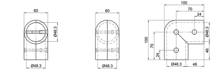 Technische Zeichnung eines zweischaligen 90° Rohr-Winkelverbinders mit detaillierten Maßen und Ansichten