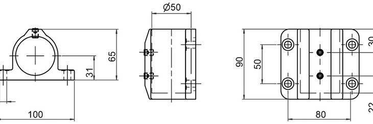 Technical drawing showing front, side, and top views of a Wandlager single-piece wall bracket tube connector with dimensional measurements.