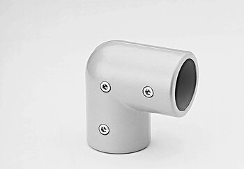 90-degree two-layer elbow tube connector with three hexagonal socket screws on a white background