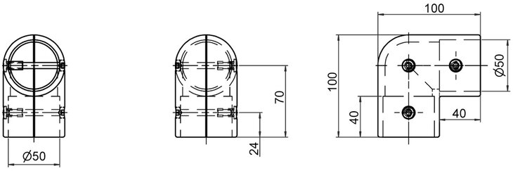 Technical drawing of a 90 degree angle tube connector with two shells showing front, side, and top views with measurements